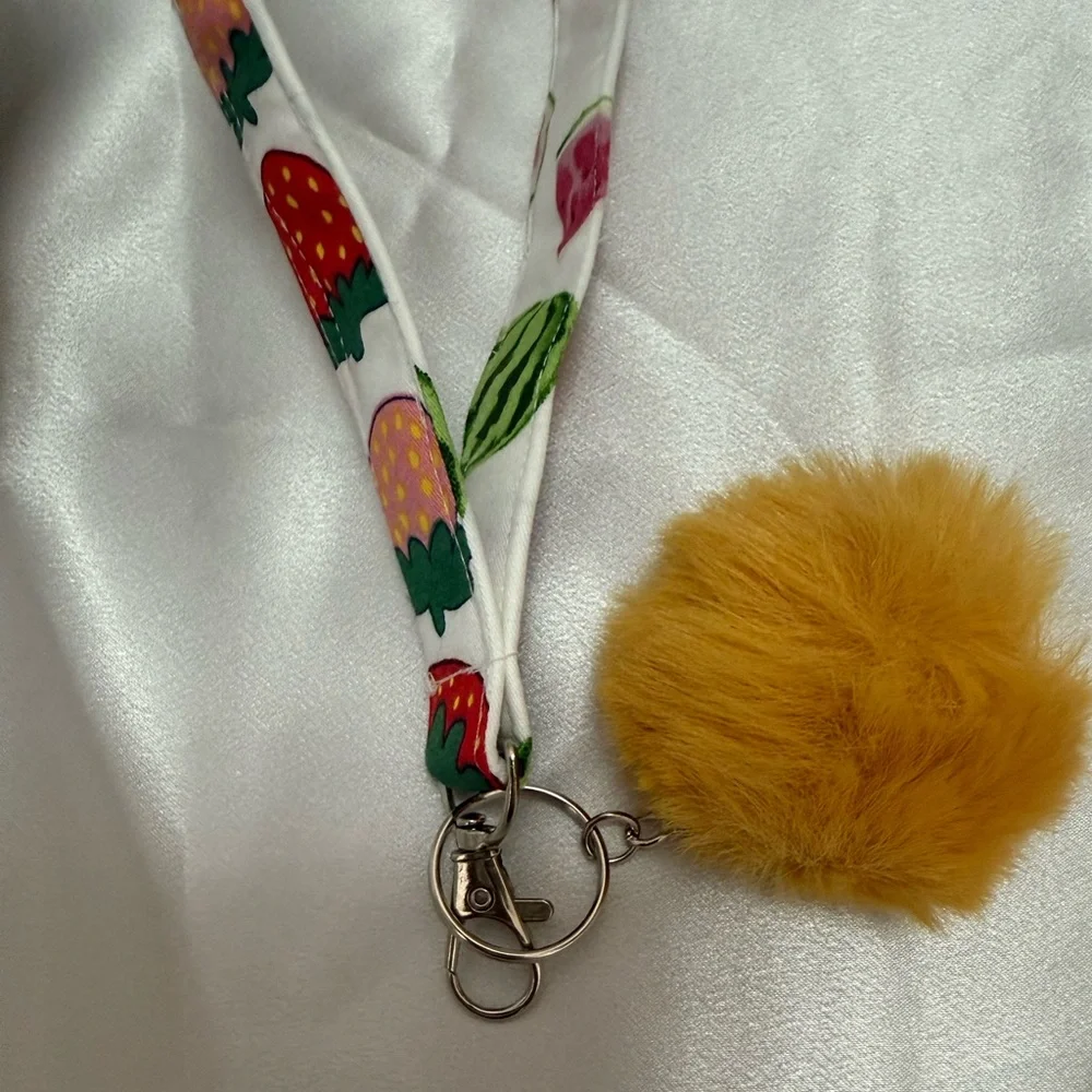 Handmade Strawberry and Watermelon Print Wristlet Keychain with Yellow Pompom